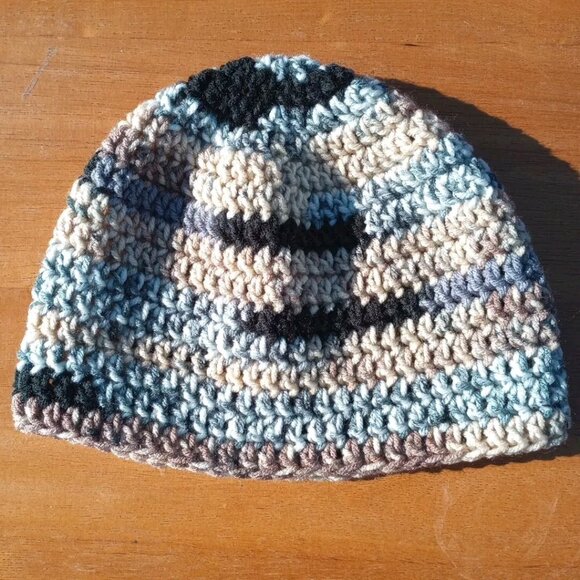 Men's Skully Beanie Hat Handmade Naturals Striped Crochet Hiking Outdoors L - Picture 6 of 9